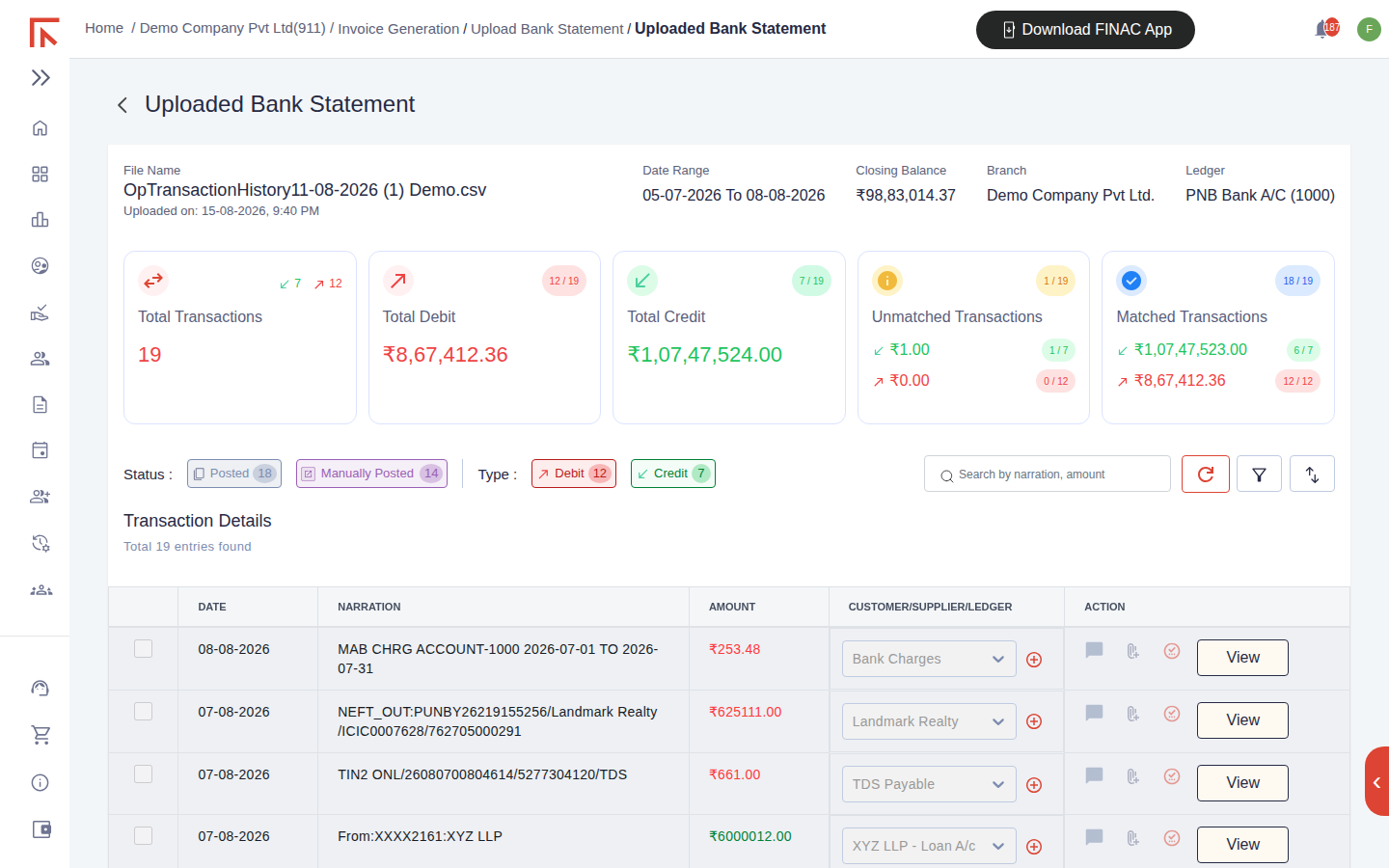 Uploaded Bank Statement view with summary cards for Total Transactions 19, Total Debit, Total Credit, Unmatched Transactions and Matched Transactions, status and type filters, and the Transaction Details list with date, narration, amount, suggested ledger and View action