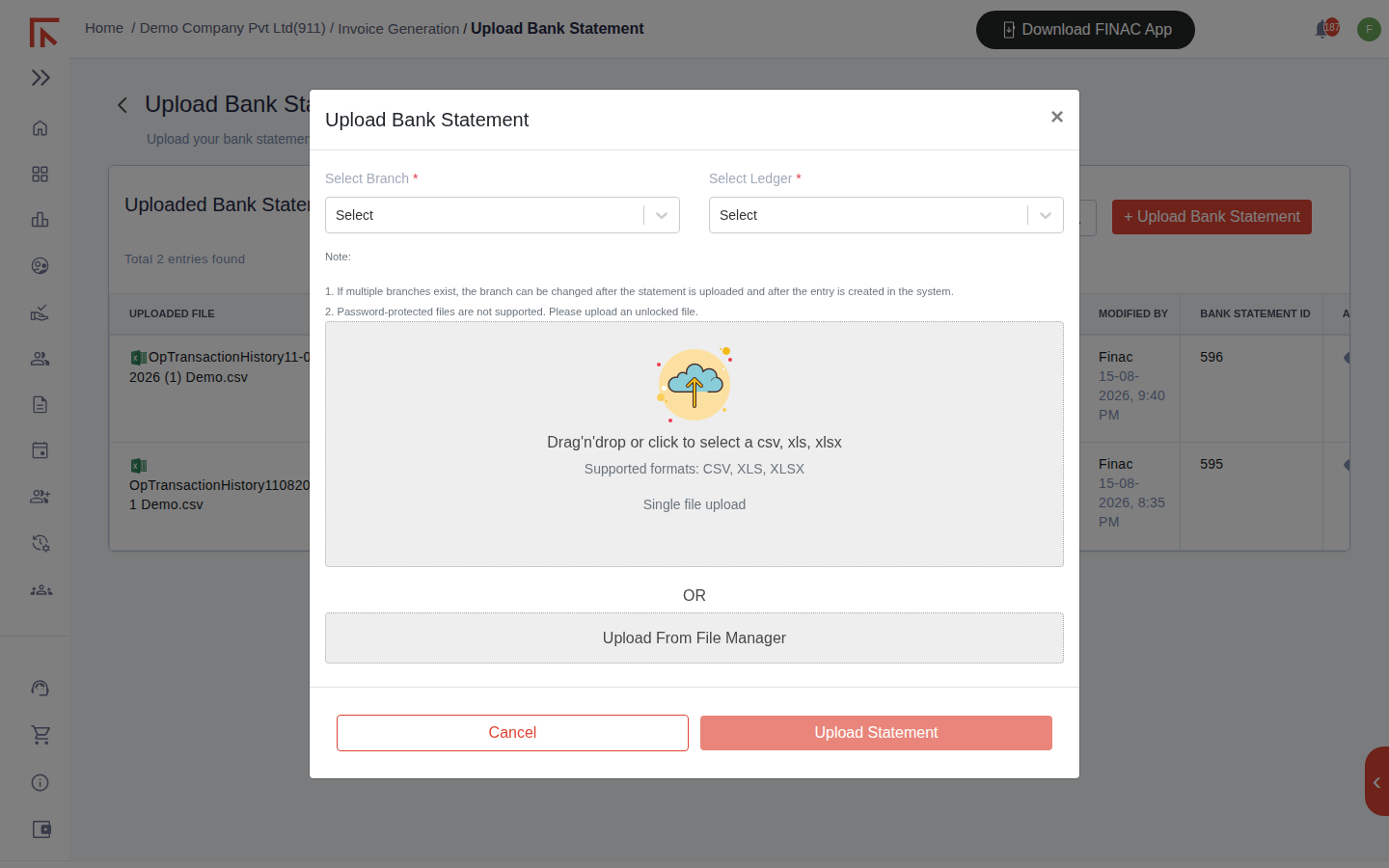 Upload Bank Statement dialog with Select Branch and Select Ledger fields, notes on branches and password-protected files, a drag-and-drop area for CSV, XLS or XLSX, an Upload From File Manager option and the Upload Statement button