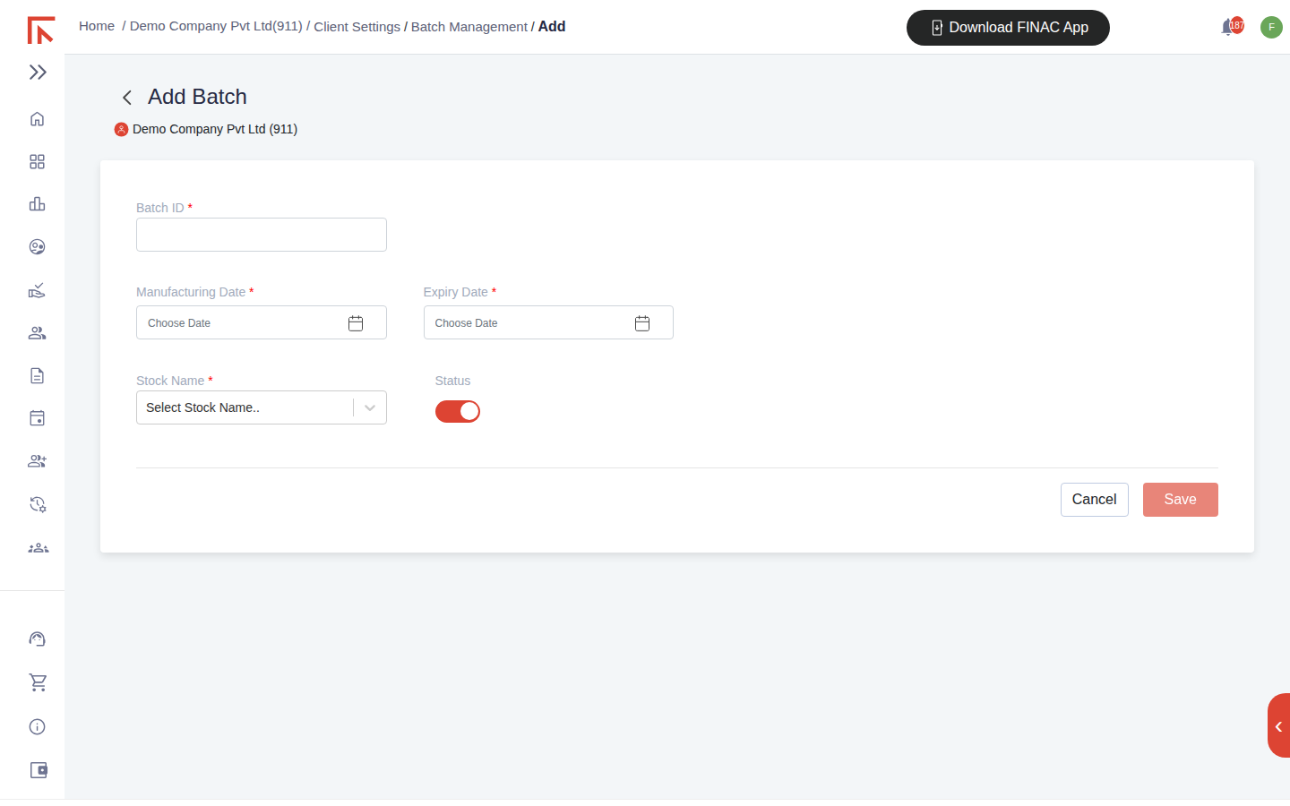 Add Batch form with Batch ID, Manufacturing Date, Expiry Date, Stock Name selector and Status toggle