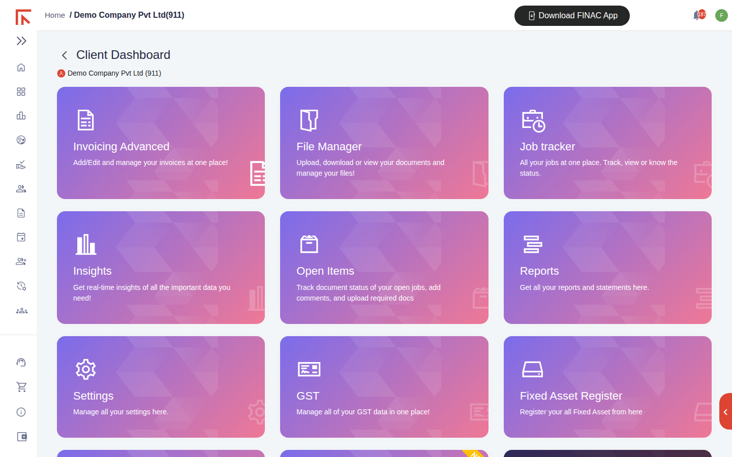 Client Dashboard for Demo Company Pvt Ltd (911) showing module tiles