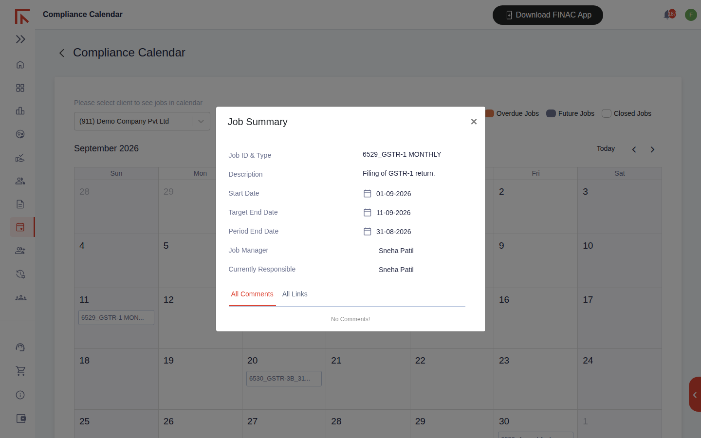 Job Summary dialog over the calendar showing job ID and type, description, start date, target end date, period end date, job manager, currently responsible person and the All Comments and All Links tabs