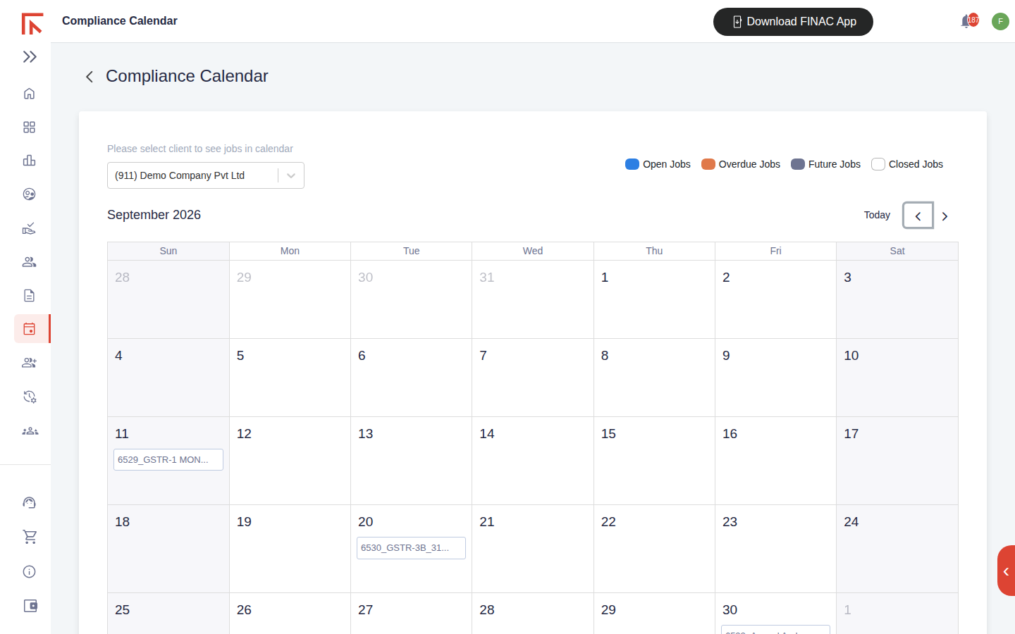 Compliance Calendar for the demo client showing September with the colour key for Open, Overdue, Future and Closed jobs and the Today and month navigation controls