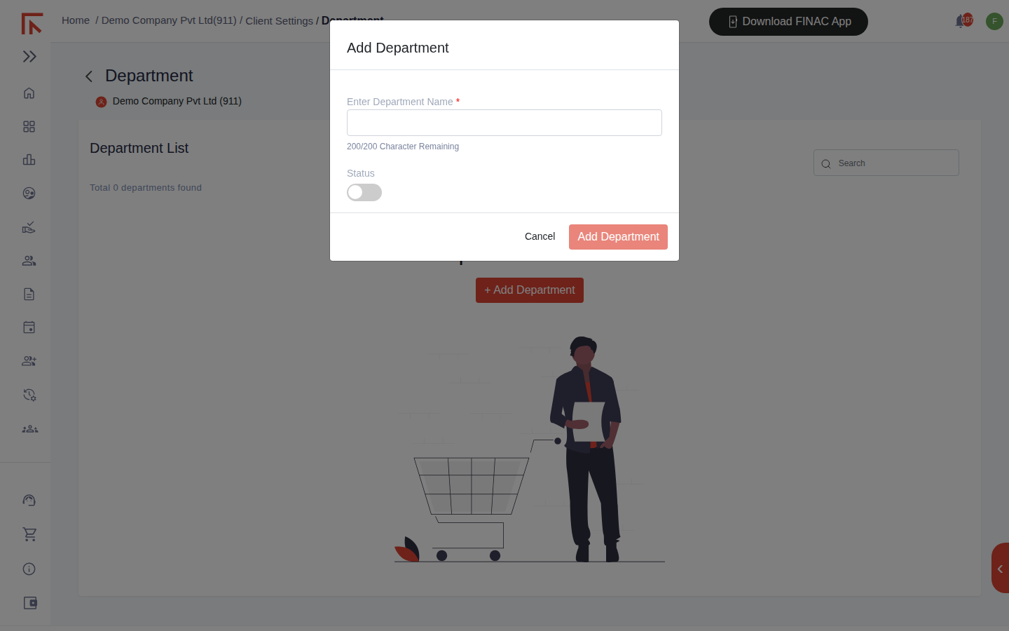 Add Department dialog with an Enter Department Name field, a Status toggle and Cancel and Add Department buttons