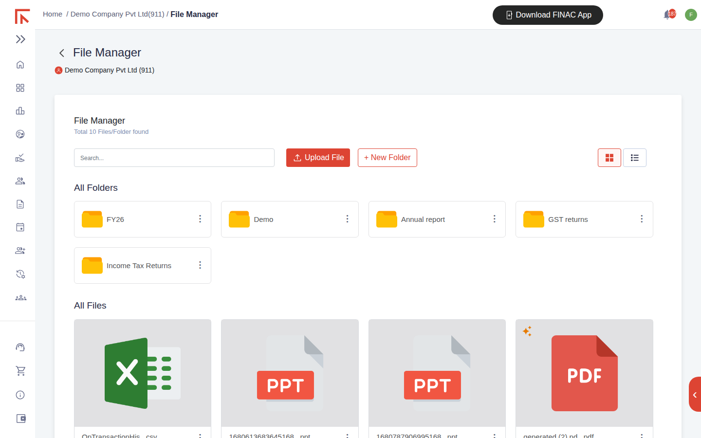 File Manager for the demo client showing five folders (FY26, Demo, Annual report, GST returns, Income Tax Returns) and files including a spreadsheet, two presentations and a PDF