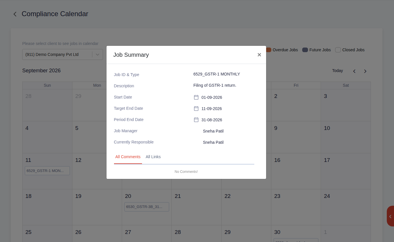 A filing job on the Finac compliance calendar with its start date, target date and the person responsible