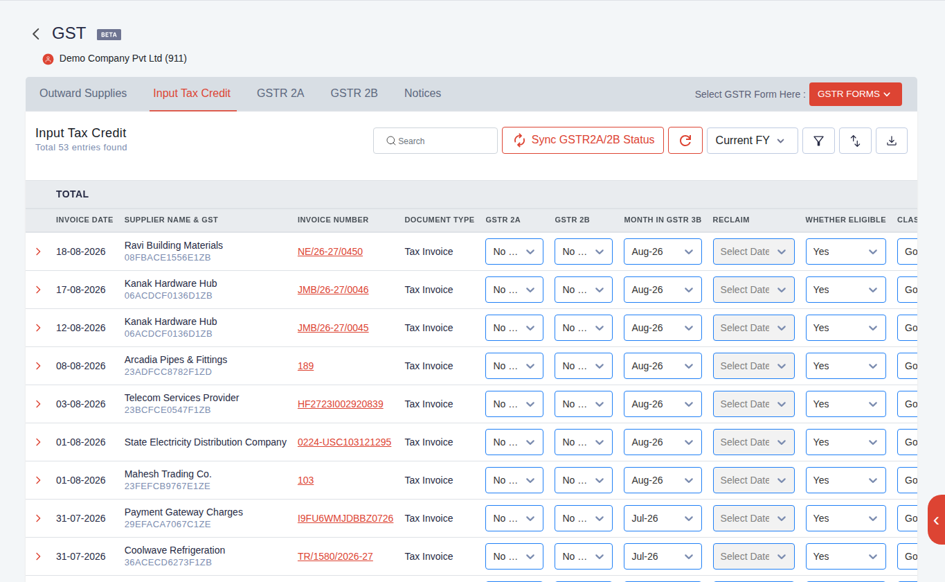 Finac input tax credit register showing each purchase invoice against GSTR-2A and 2B status, the month claimed in 3B and eligibility