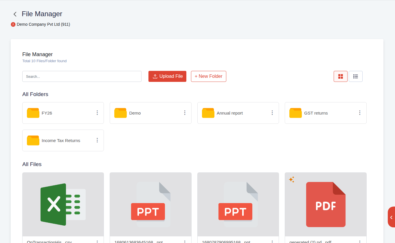 The Finac file manager with folders for the financial year, GST returns and income-tax returns