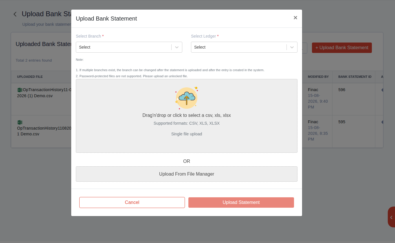 The upload bank statement dialog in Finac, accepting CSV and Excel files against a chosen branch and ledger