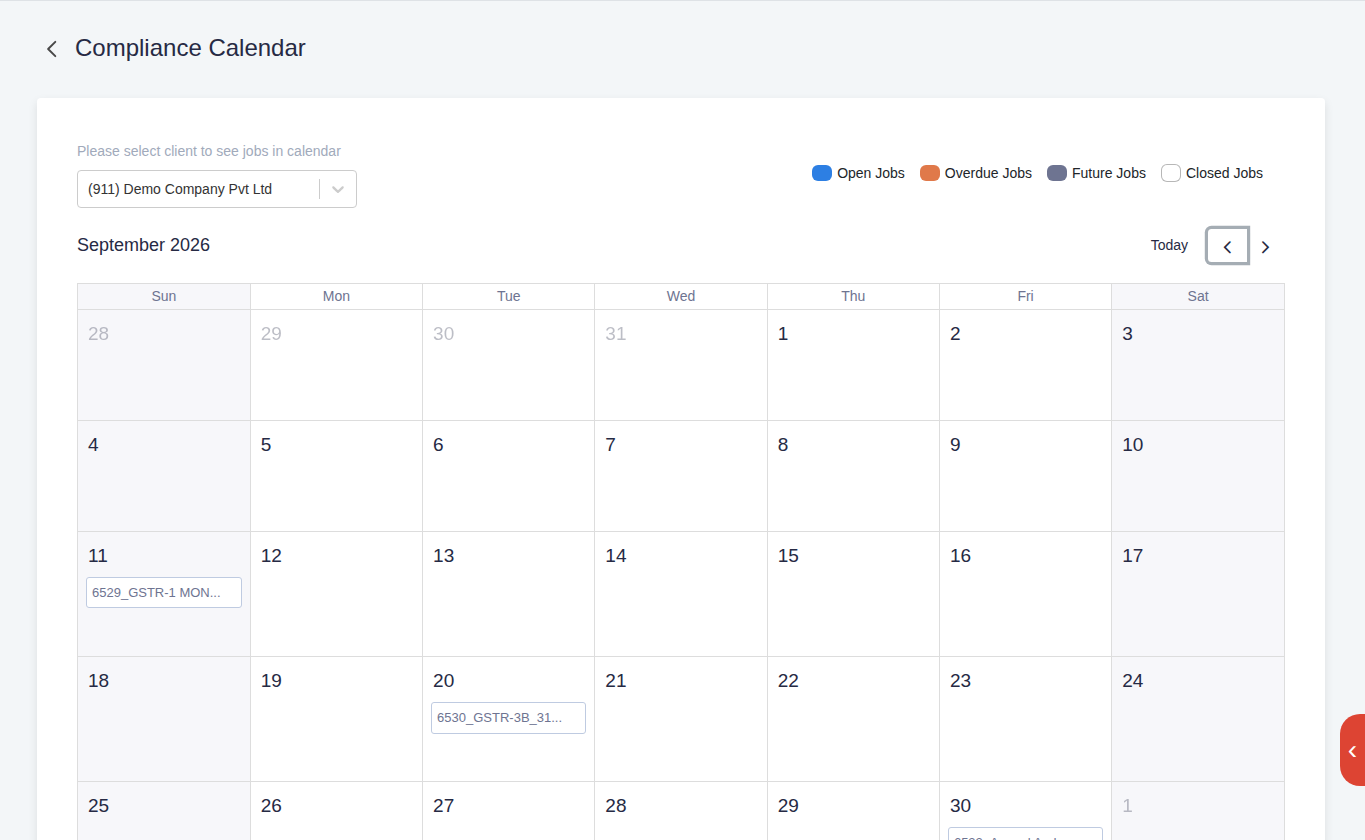 Finac compliance calendar for a month with GSTR-1 and GSTR-3B jobs on their dates