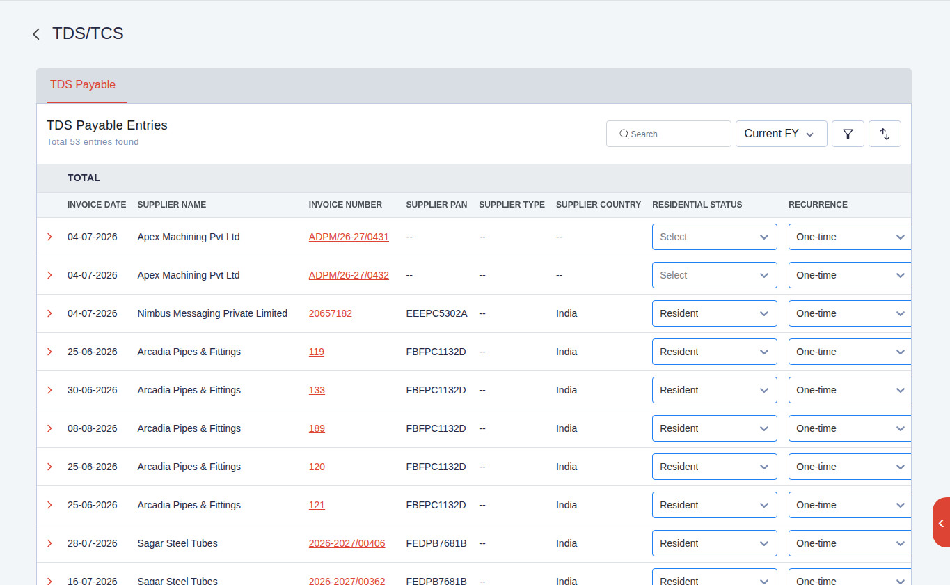 Finac TDS payable register showing supplier country and residential status against each invoice