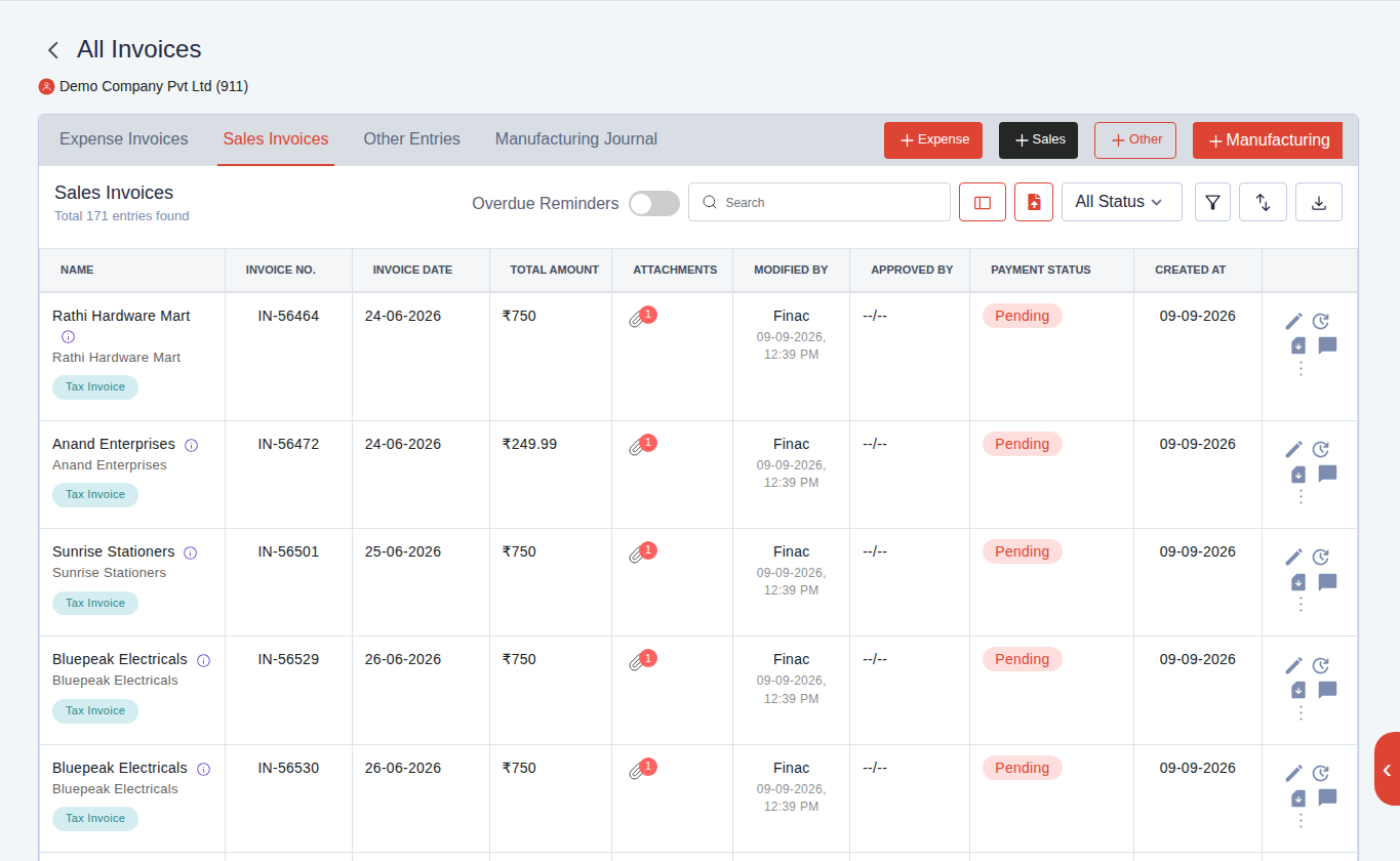 Finac sales invoices list with invoice numbers, dates, amounts, attachments and payment status