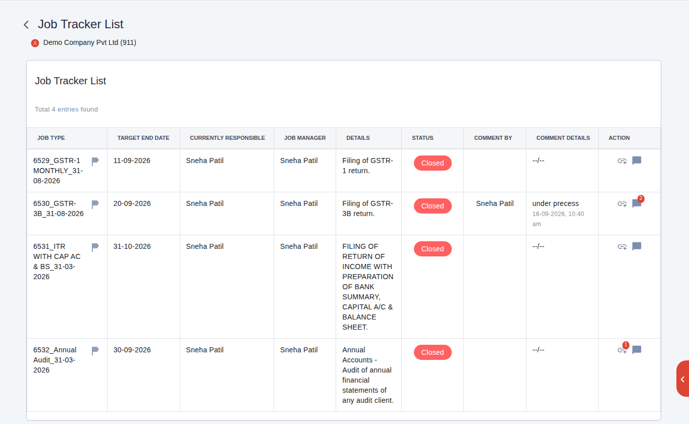 Finac job tracker listing each statutory filing with its target date, the person responsible and its status