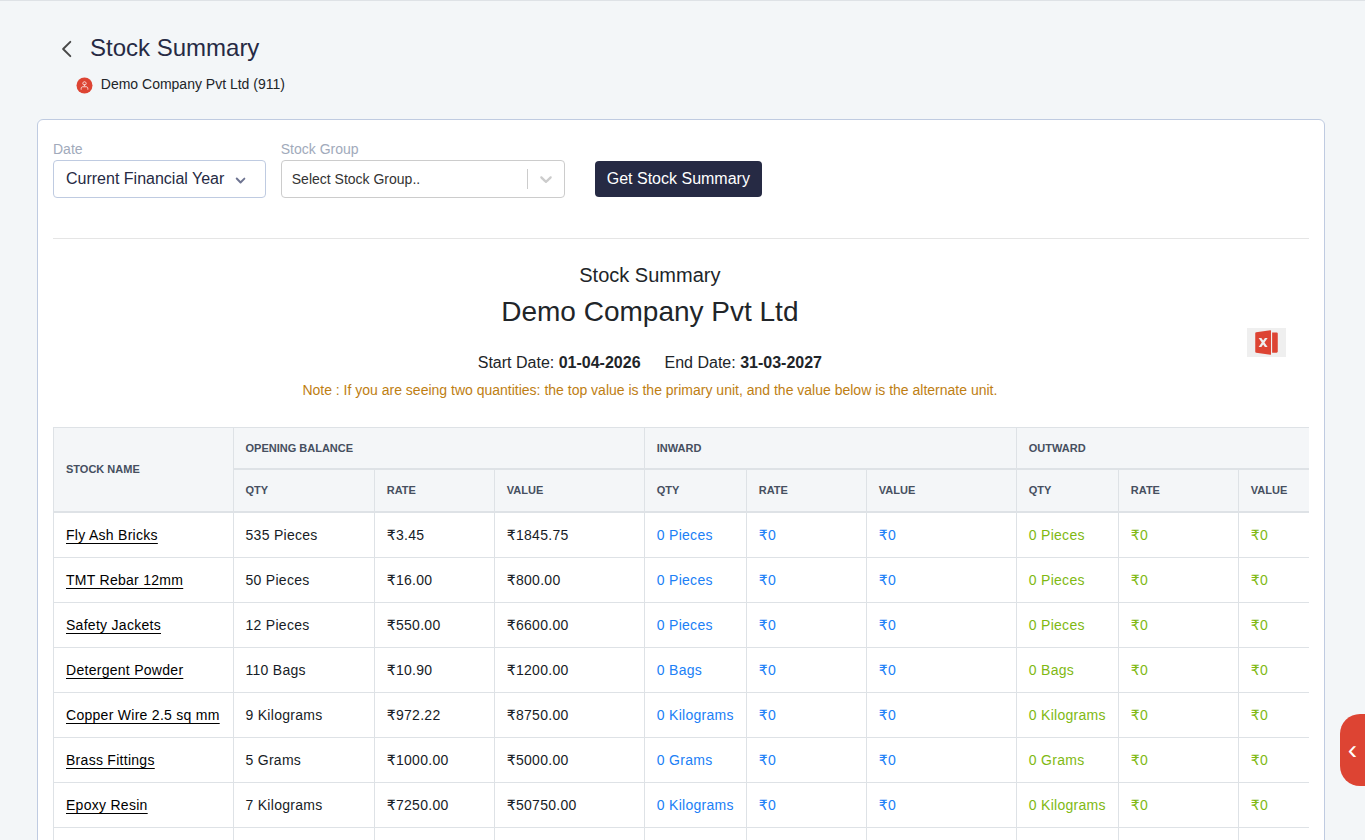 Finac stock summary report with opening, inward and outward quantities and values by item