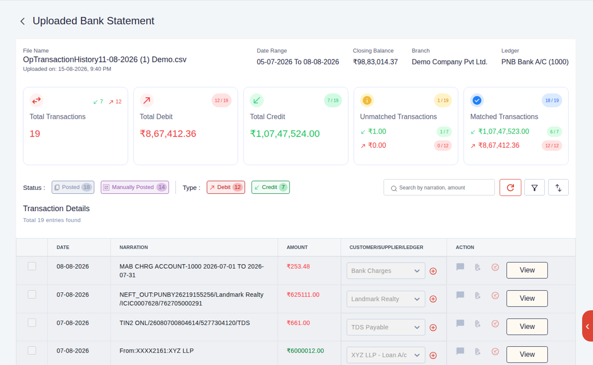 An uploaded bank statement in Finac with transactions posted and matched to ledgers