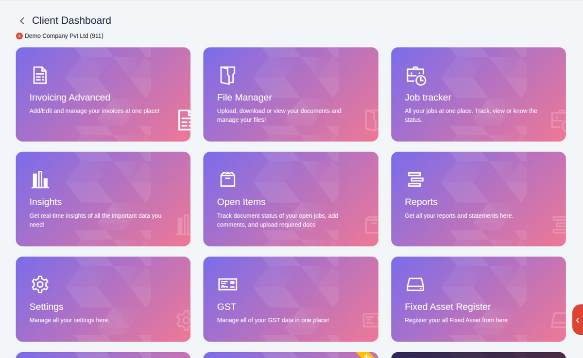 The Finac client dashboard: invoicing, documents, job tracker, insights, reports, GST and settings in one place