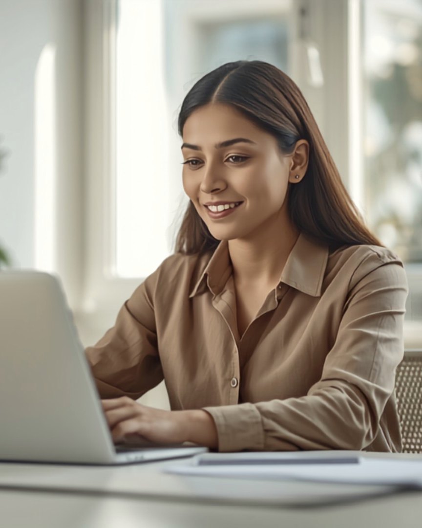 A founder working at a laptop in a bright office in the first weeks of her company
