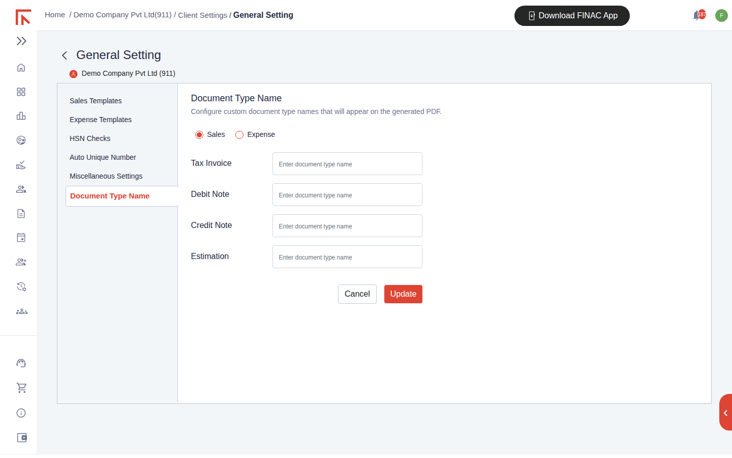 General Setting, Document Type Name tab, with Sales and Expense options and fields to enter an alternate name for Tax Invoice, Debit Note, Credit Note and Estimation