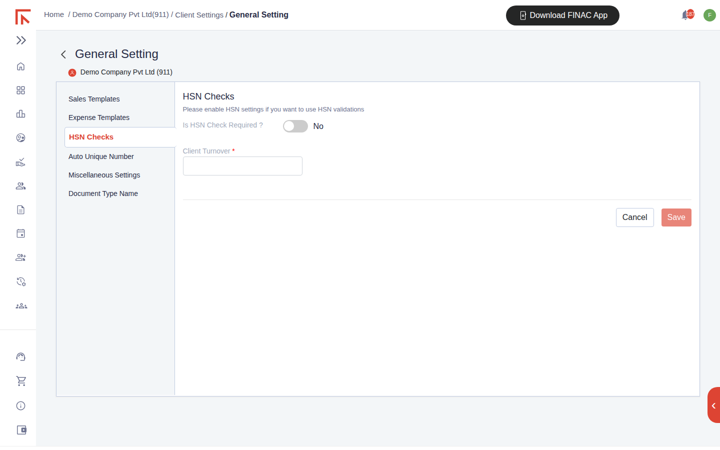 General Setting, HSN Checks tab, with the Is HSN Check Required toggle set to No and a Client Turnover field