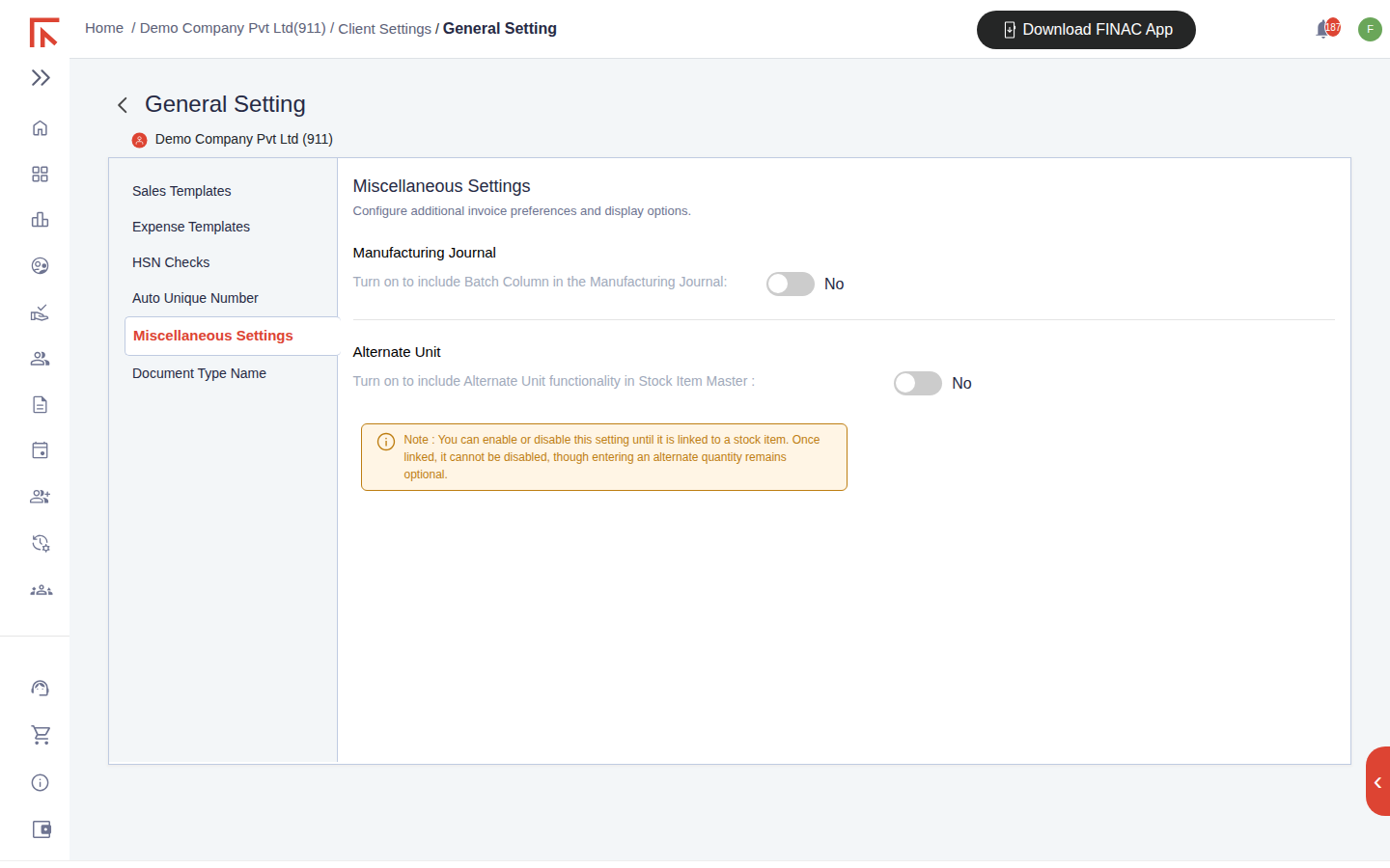 General Setting, Miscellaneous Settings tab, with toggles for the Manufacturing Journal batch column and Alternate Unit, and a note about the alternate unit setting