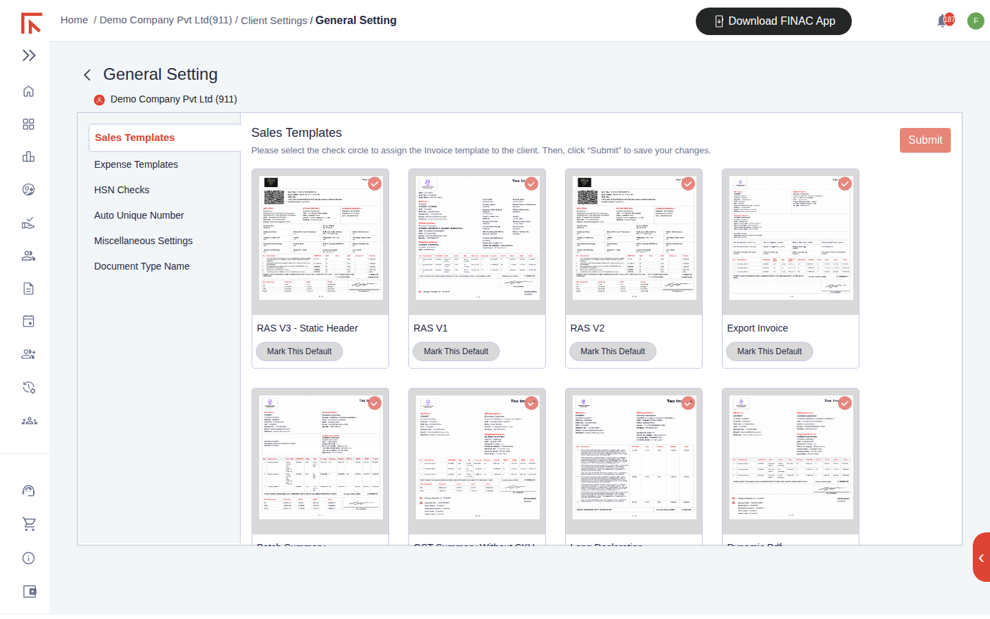 General Setting, Sales Templates tab, showing thumbnails of invoice layouts including RAS V3 Static Header, RAS V1, RAS V2 and Export Invoice, each with a Mark This Default control, and a Submit button
