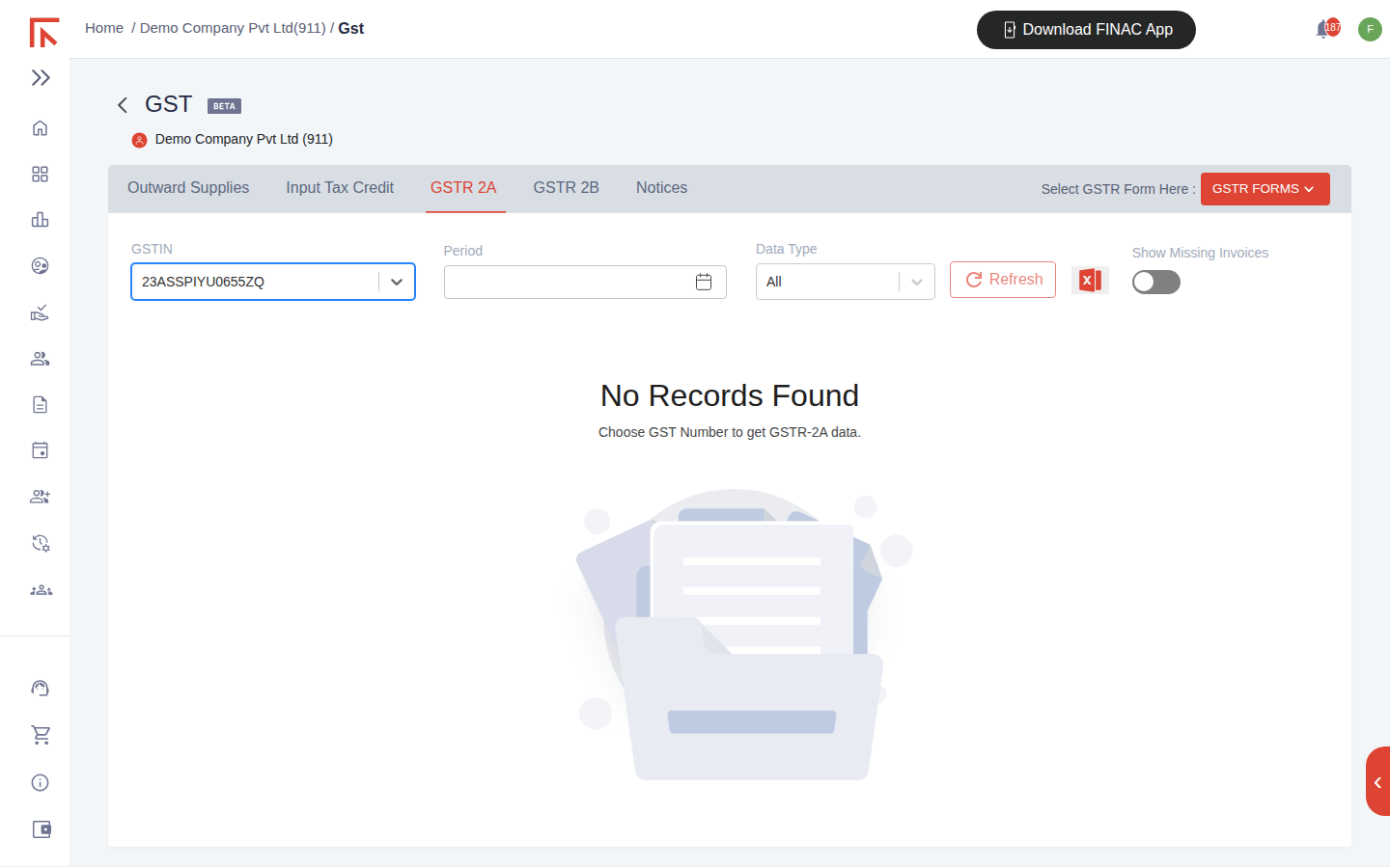 GSTR 2A tab with GSTIN, Period and Data Type controls, a Refresh button, the Show Missing Invoices toggle and an empty statement area