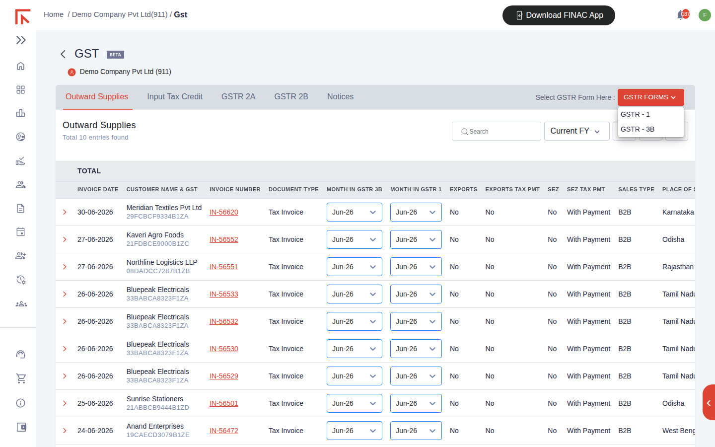 GSTR FORMS dropdown open showing GSTR - 1 and GSTR - 3B options