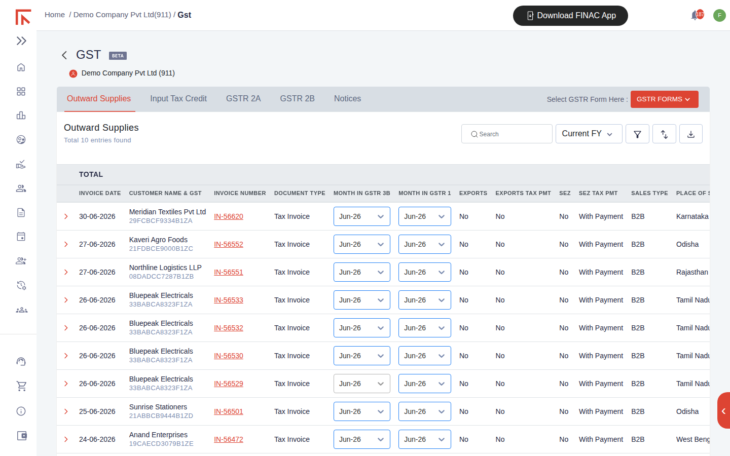 Outward Supplies tab listing ten June 2026 B2B tax invoices with customer GSTIN, month in GSTR-3B, month in GSTR-1, sales type and place of supply