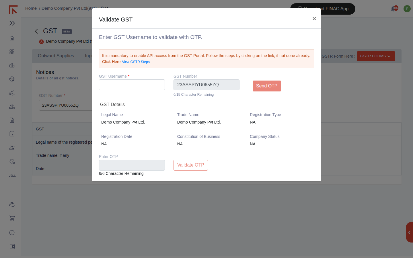 Validate GST dialog with a warning that API access must be enabled on the GST Portal, fields for GST Username and GST Number, a Send OTP button, the GST details block and an Enter OTP field with Validate OTP