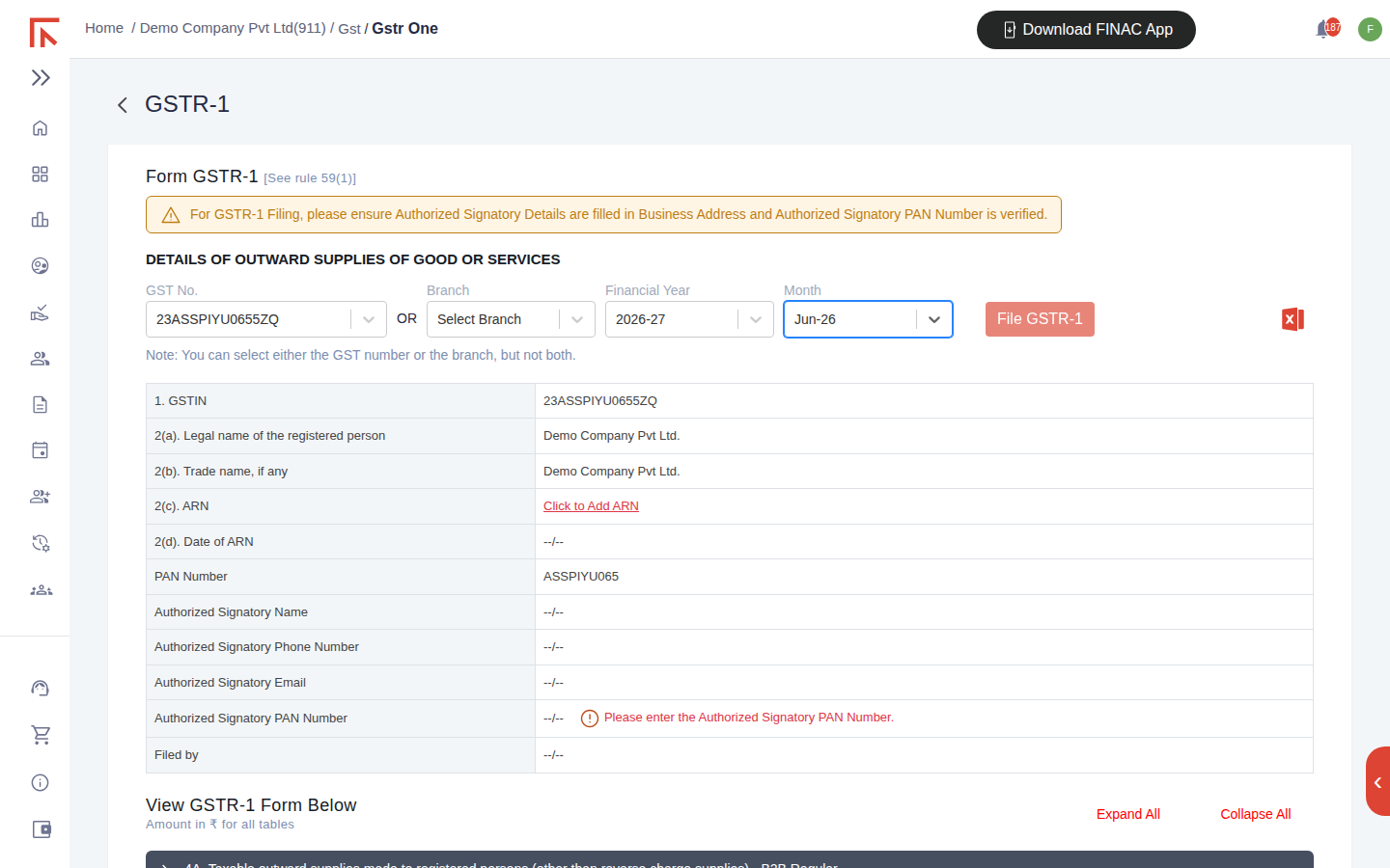 Form GSTR-1 screen with GST No. and Jun-26 selected, showing the populated header block and the File GSTR-1 button