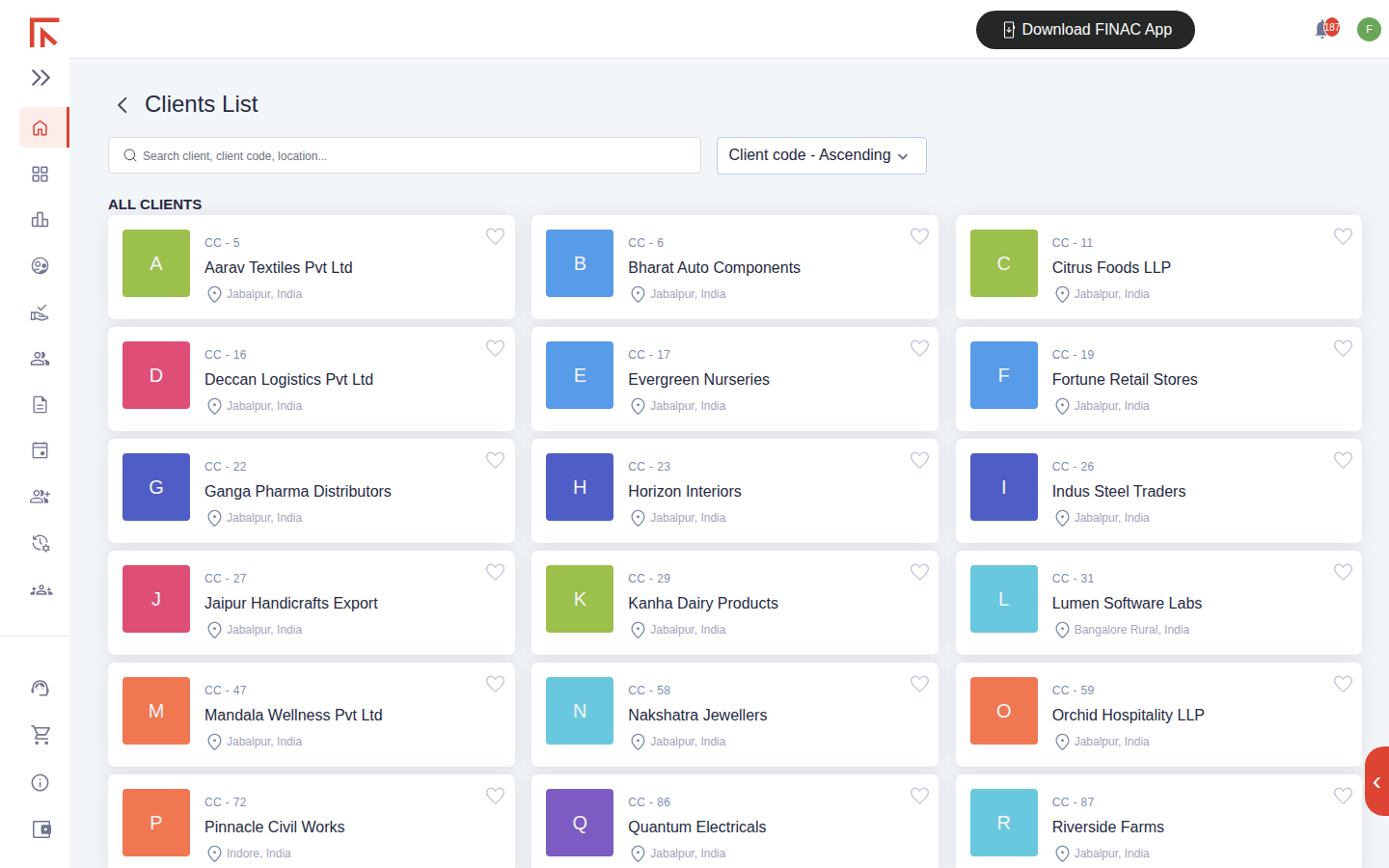 Finac Clients List showing client cards with client code, name and location
