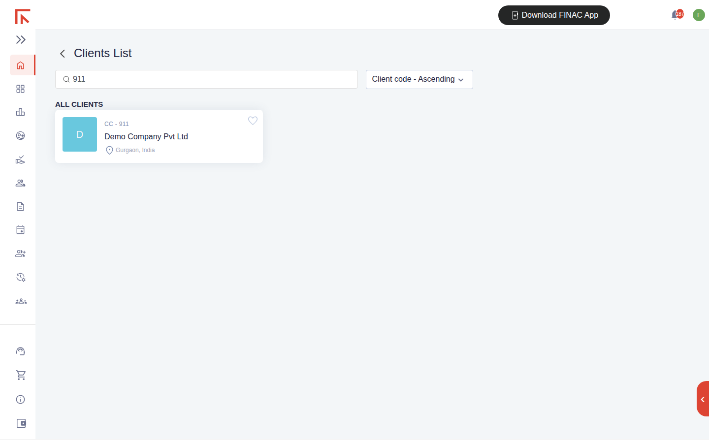 Clients List filtered by client code 911 showing a single card