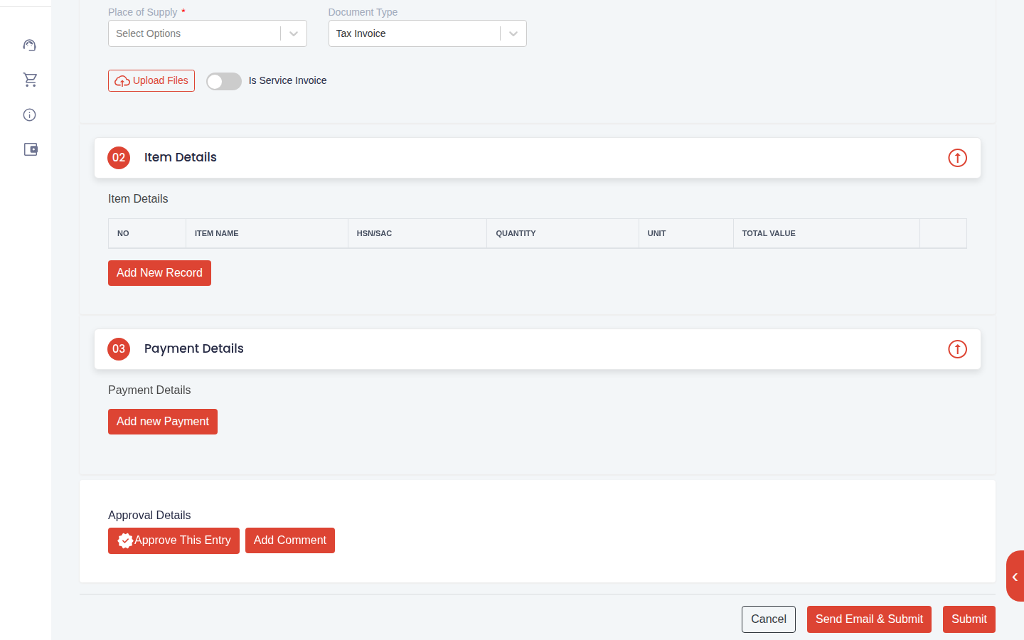 Item Details section of Add Sales Entry with the empty item table and Add New Record button