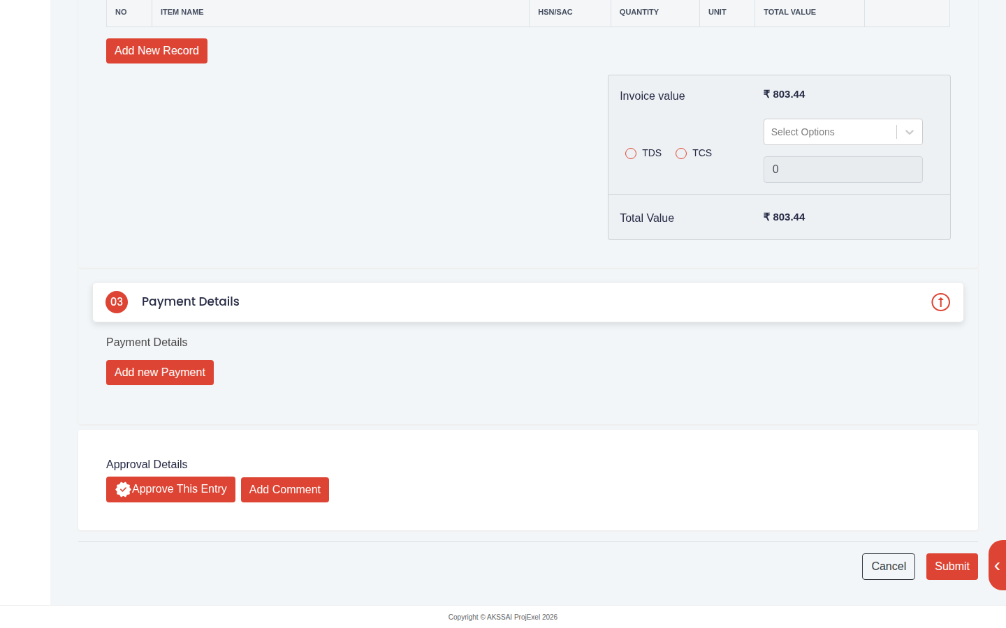 Payment Details section with the Add new Payment button, and Approval Details with Approve This Entry and Add Comment buttons, above Cancel and Submit