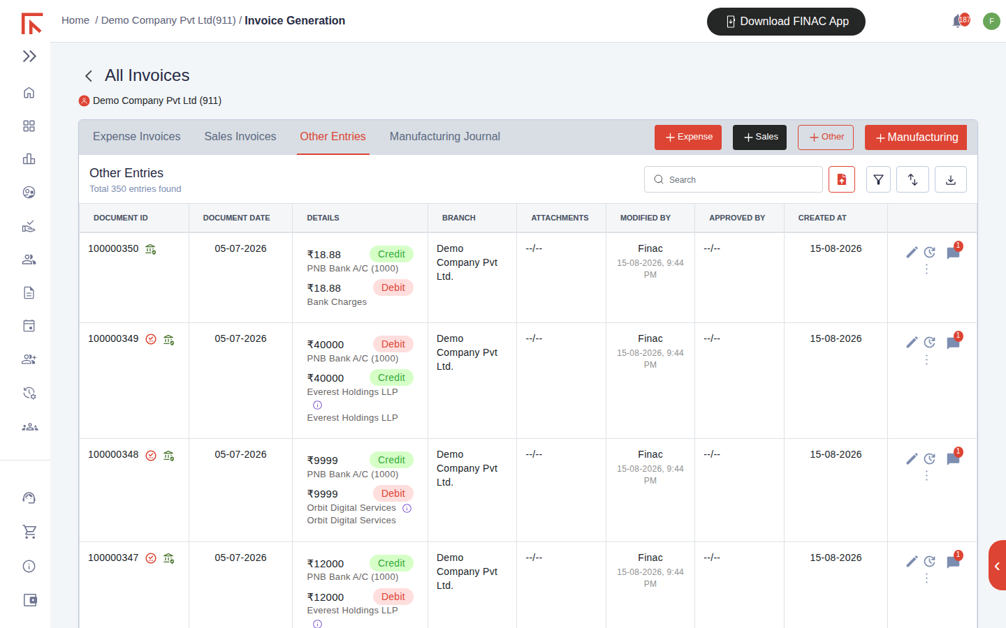 Other Entries tab listing posted bank transactions, each with a credit and debit line, the bank account and counterparty ledger, amount, modified by and date
