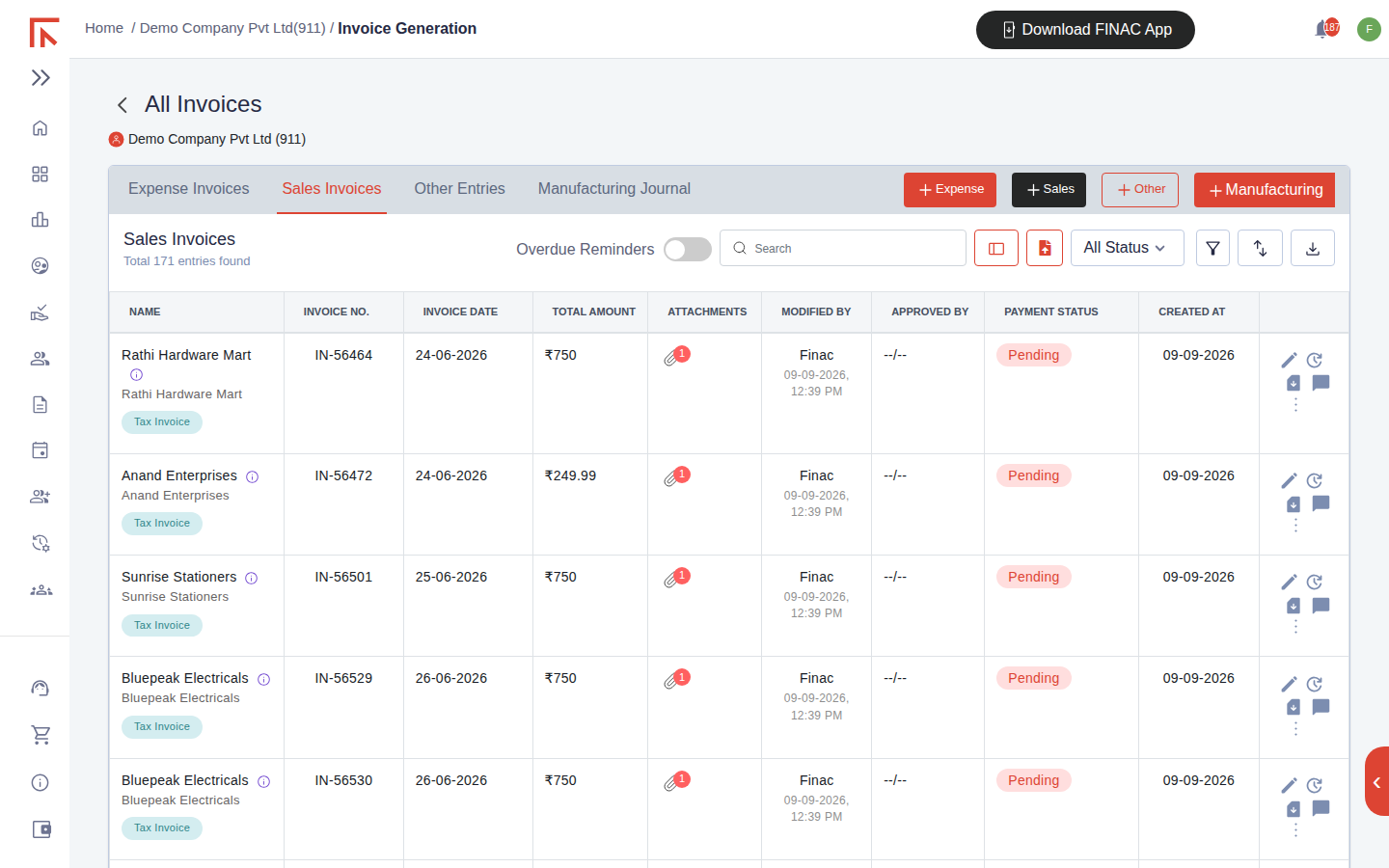 Sales Invoices tab showing 171 entries with customer name, invoice number, date, total amount, attachments, modified by, approved by and payment status columns, and the Overdue Reminders control