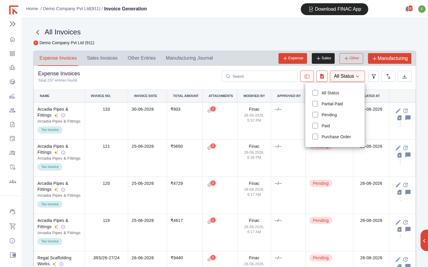 All Status dropdown open on the Expense Invoices list with options All Status, Partial Paid, Pending, Paid and Purchase Order