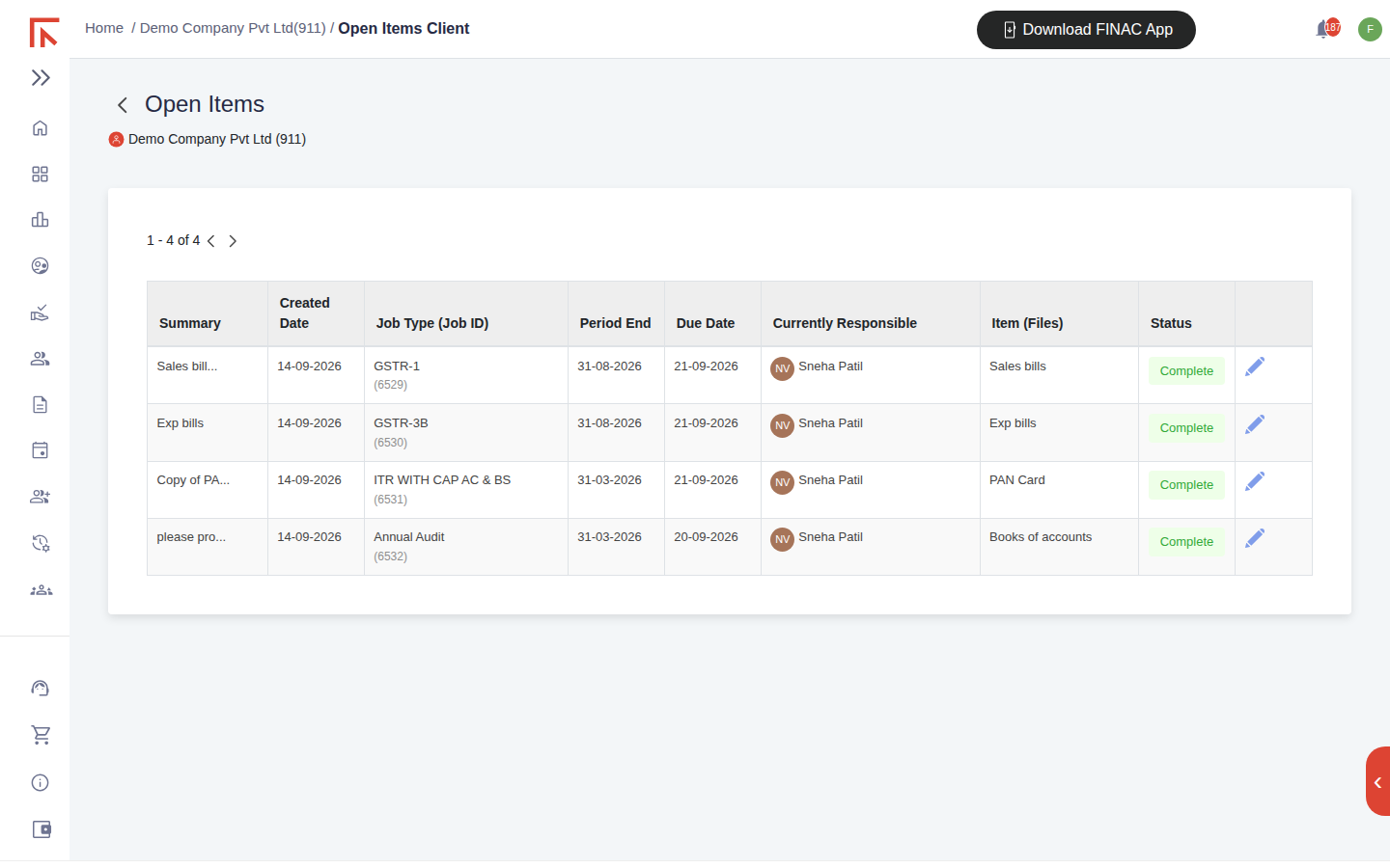 Open Items screen for the demo client showing four completed document requests linked to GSTR-1, GSTR-3B, ITR and annual audit jobs