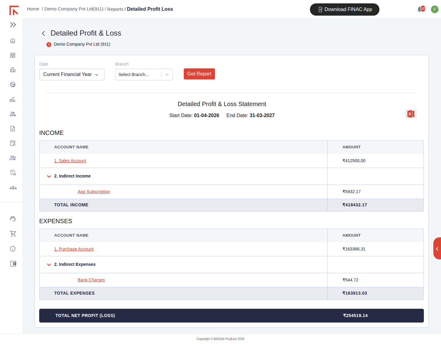 Detailed Profit and Loss Statement for the demo client with Income and Expenses tables, groups expanded to show Sales Account, App Subscription under Indirect Income, Purchase Account and Bank Charges under Indirect Expenses, totals and net profit