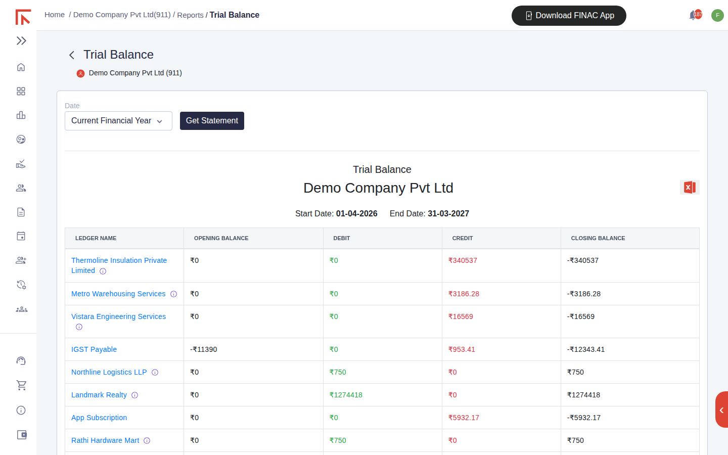 Trial Balance for Demo Company Pvt Ltd for 01-04-2026 to 31-03-2027 with columns Ledger Name, Opening Balance, Debit, Credit and Closing Balance