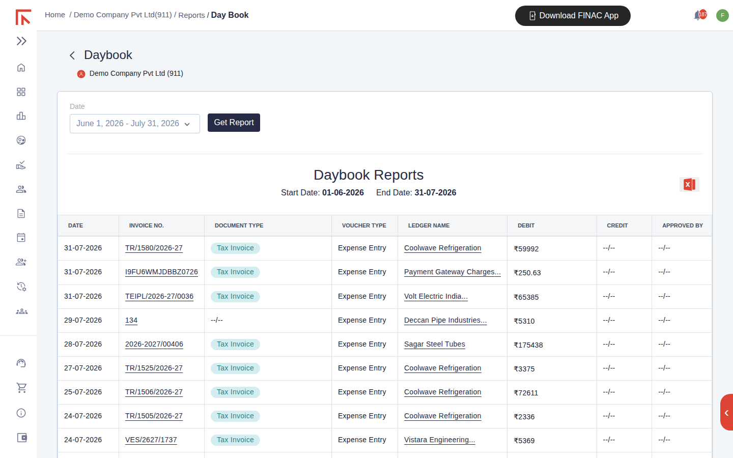 Daybook report listing entries by date with invoice number, document type badge, voucher type, ledger name, debit, credit and approved by columns