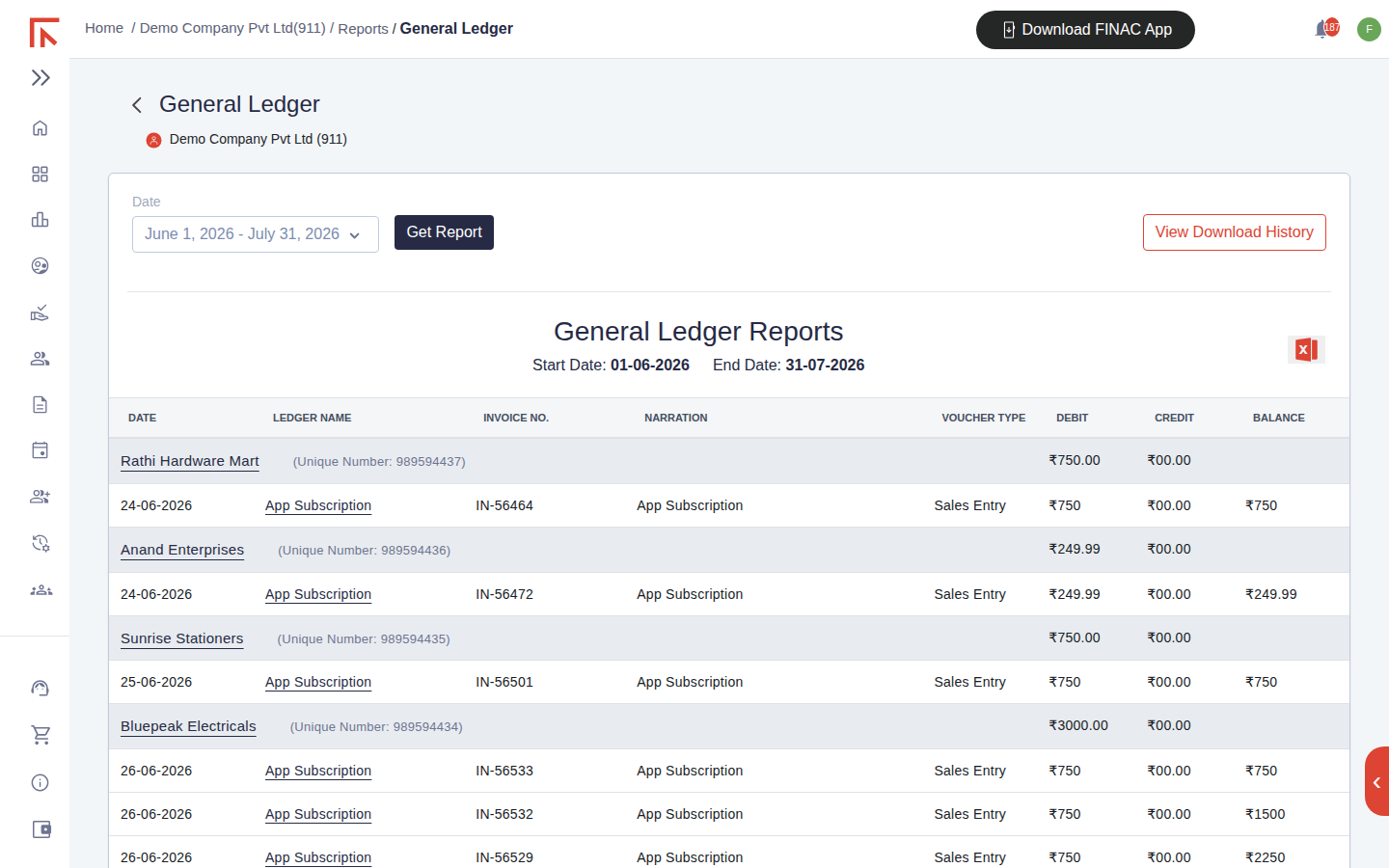General Ledger report for June and July grouped by party, each group header showing the ledger name, unique number and totals, with dated entries beneath