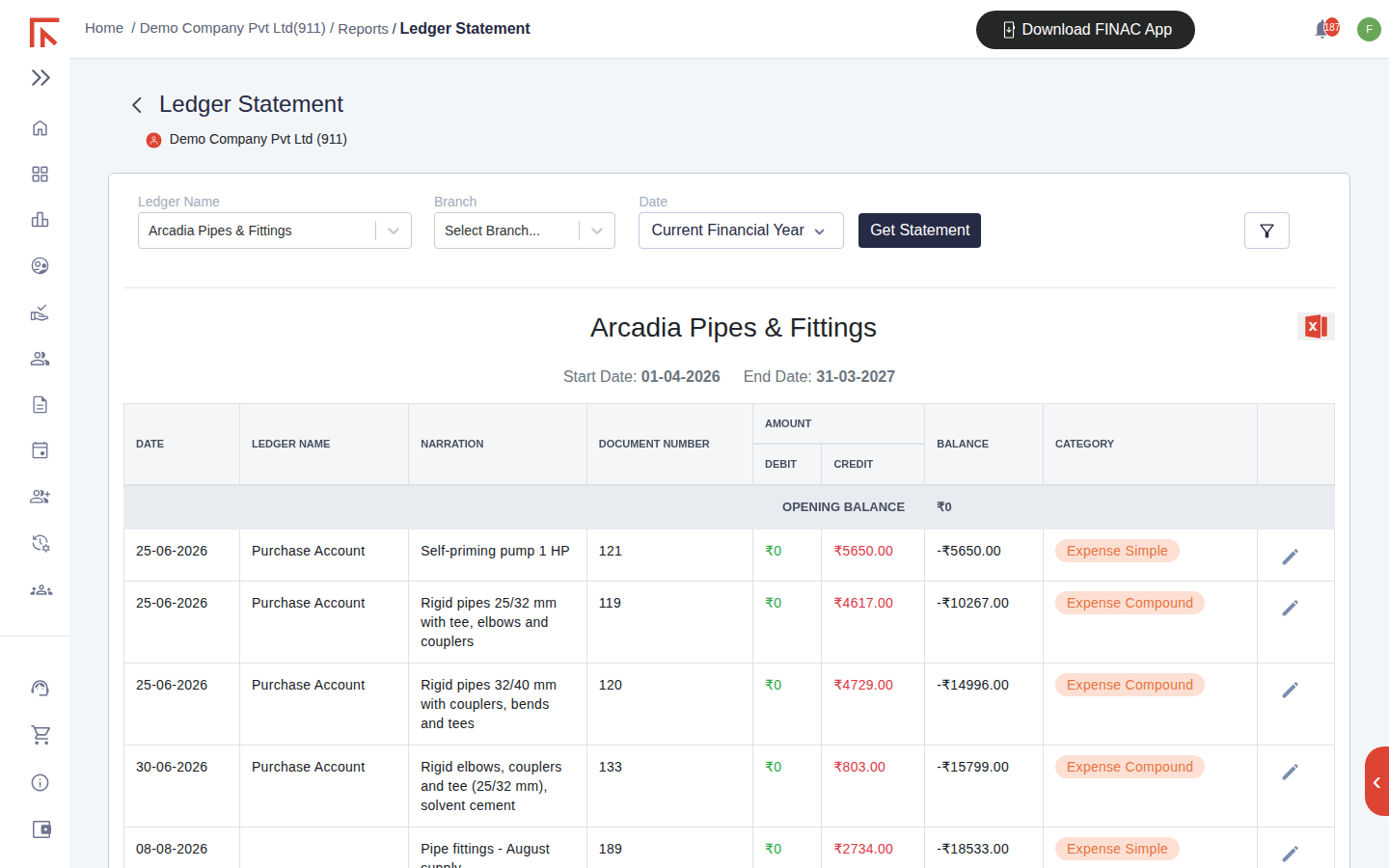 Ledger Statement for a supplier showing date, contra ledger, narration, document number, debit, credit, running balance and category columns