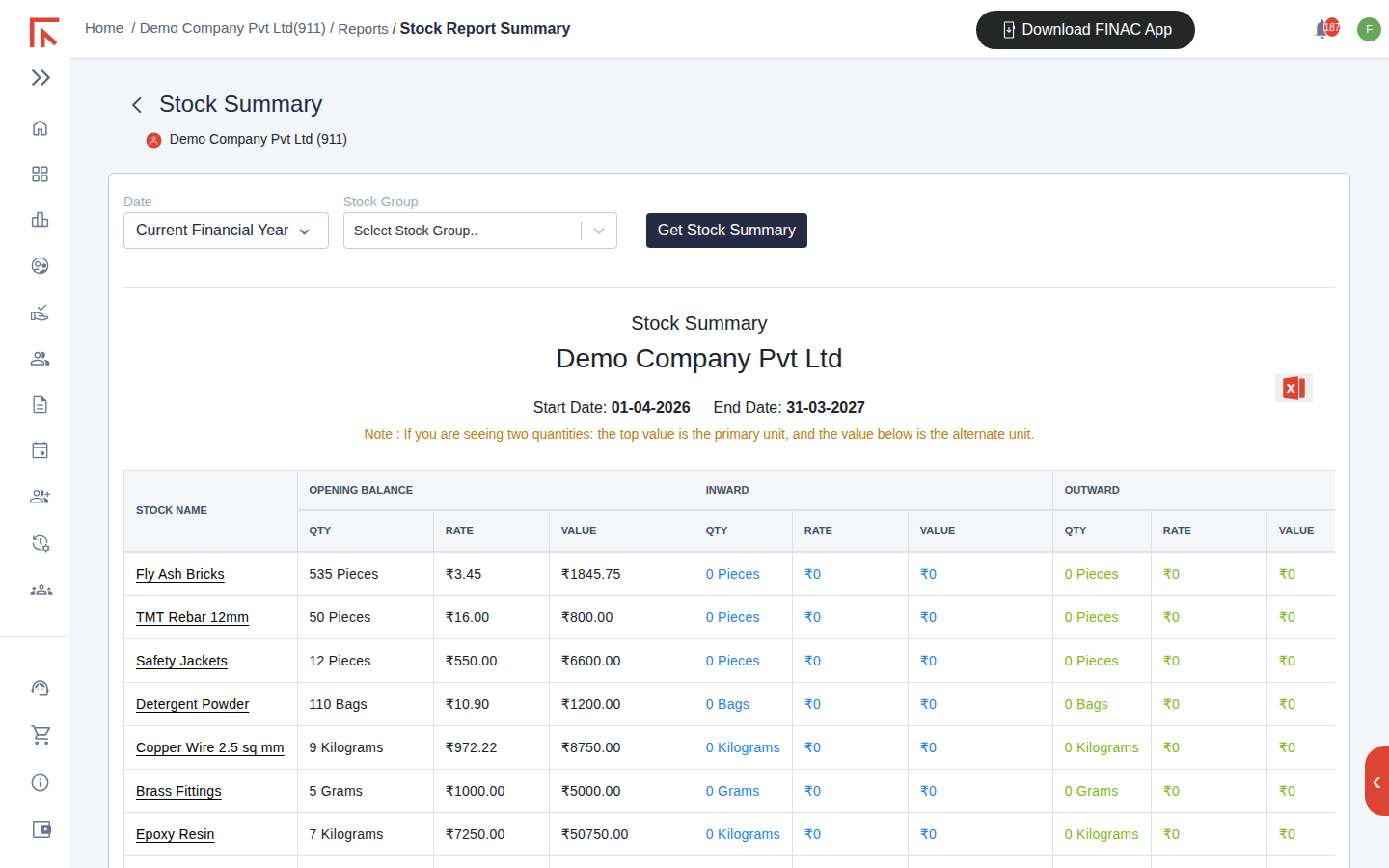 Stock Summary report listing stock items with opening balance, inward and outward quantity, rate and value columns for the current financial year