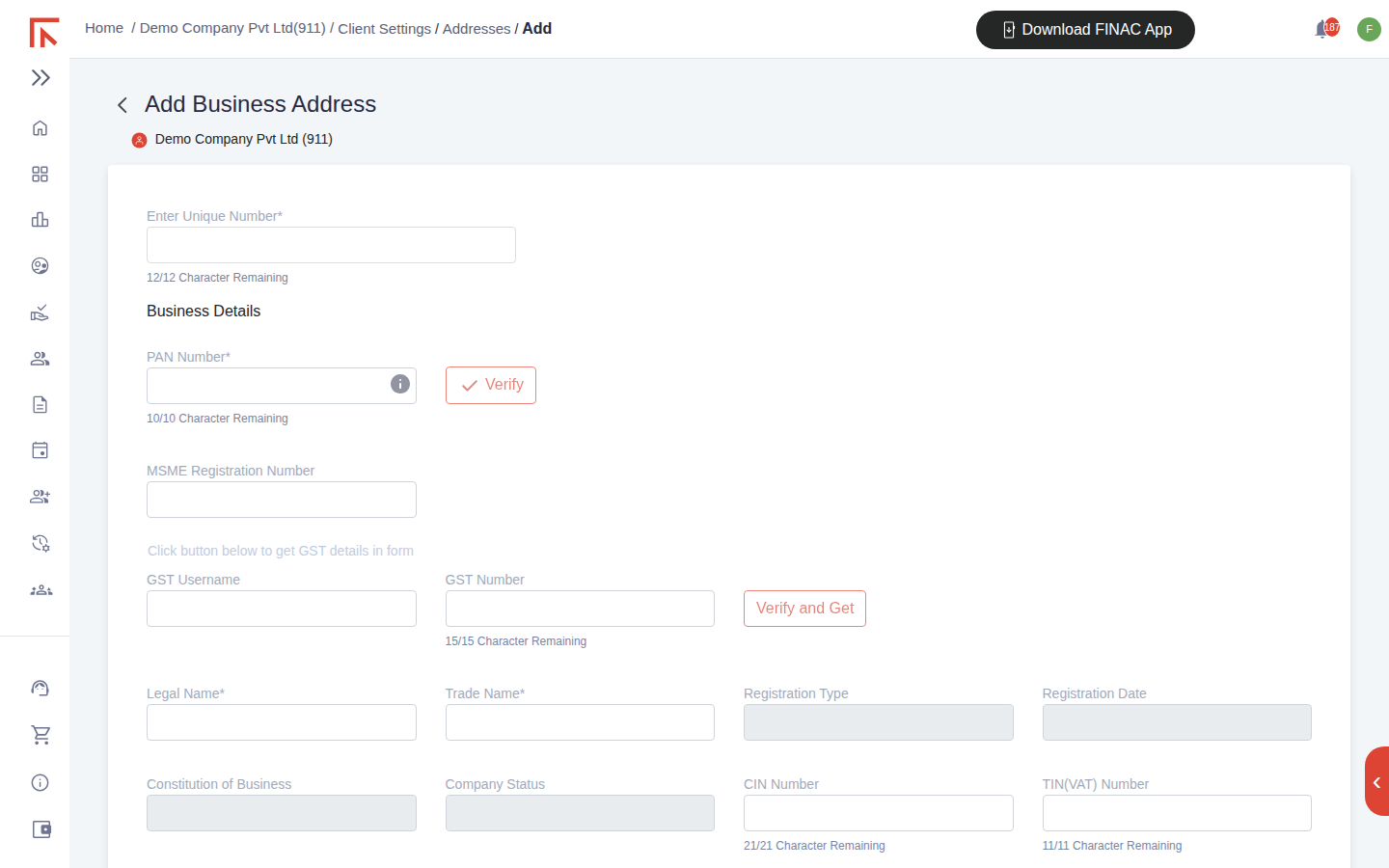 Add Business Address form showing Unique Number, PAN Number with Verify, MSME Registration Number, GST Username, GST Number with Verify and Get, Legal Name and Trade Name fields