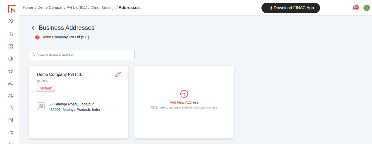 Business Addresses screen showing the default address card for Demo Company Pvt Ltd and the Add New Address card
