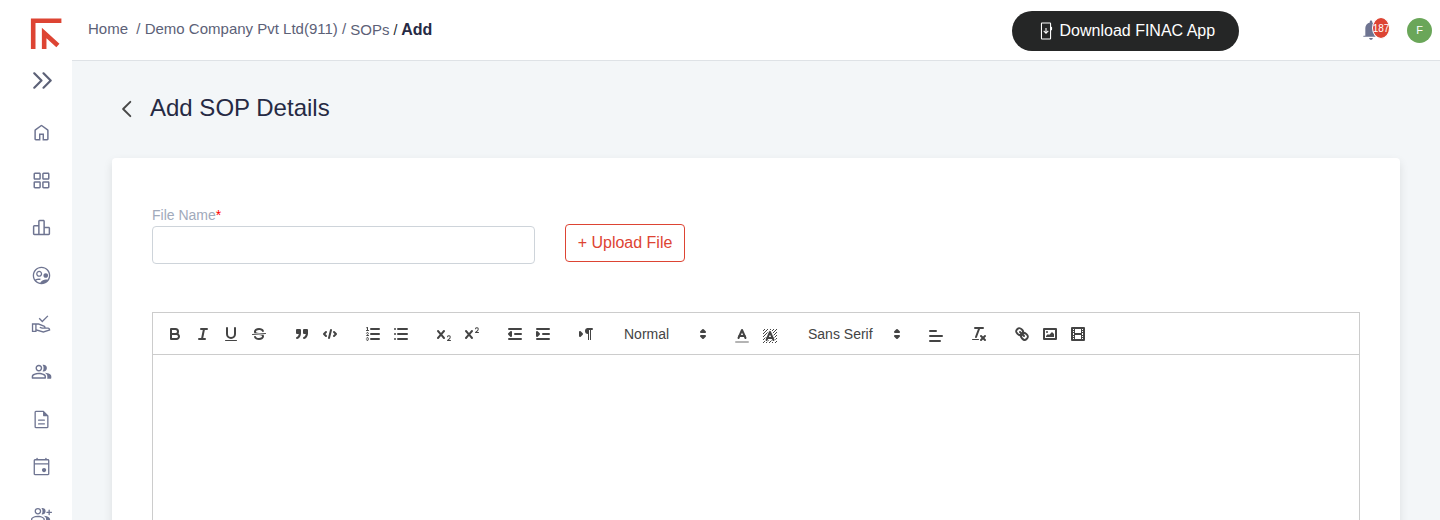 Add SOP Details form with the File Name field, Upload File button and the rich-text editor toolbar