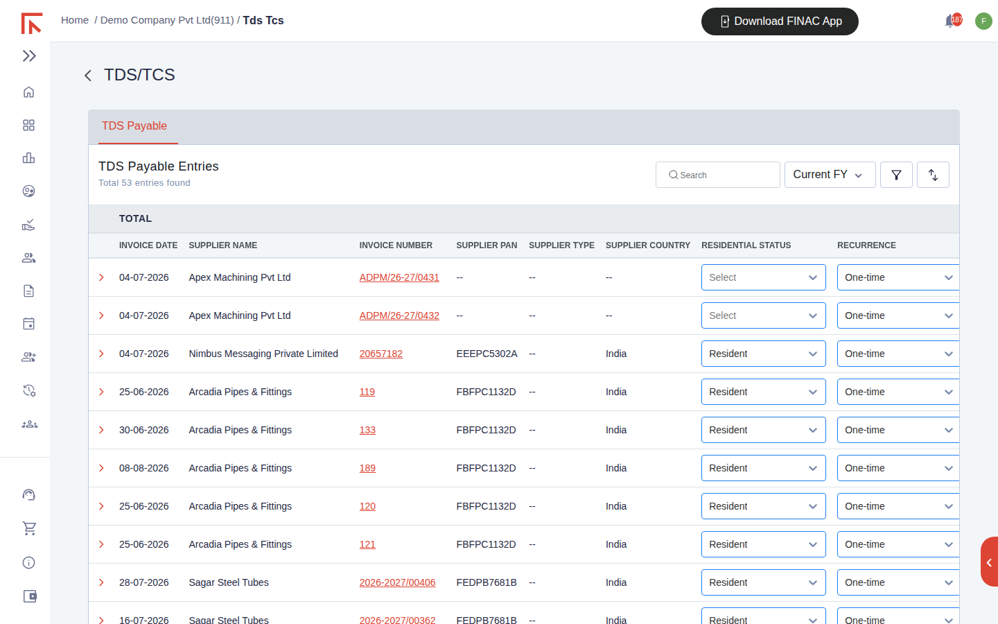 TDS Payable Entries list for the demo client, 53 entries, with invoice date, supplier name, invoice number, supplier PAN, supplier type, country, residential status and recurrence columns
