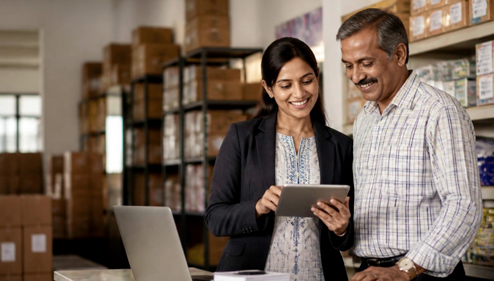 A Finac accountant showing a trading business owner his input credit position on a tablet in his stockroom