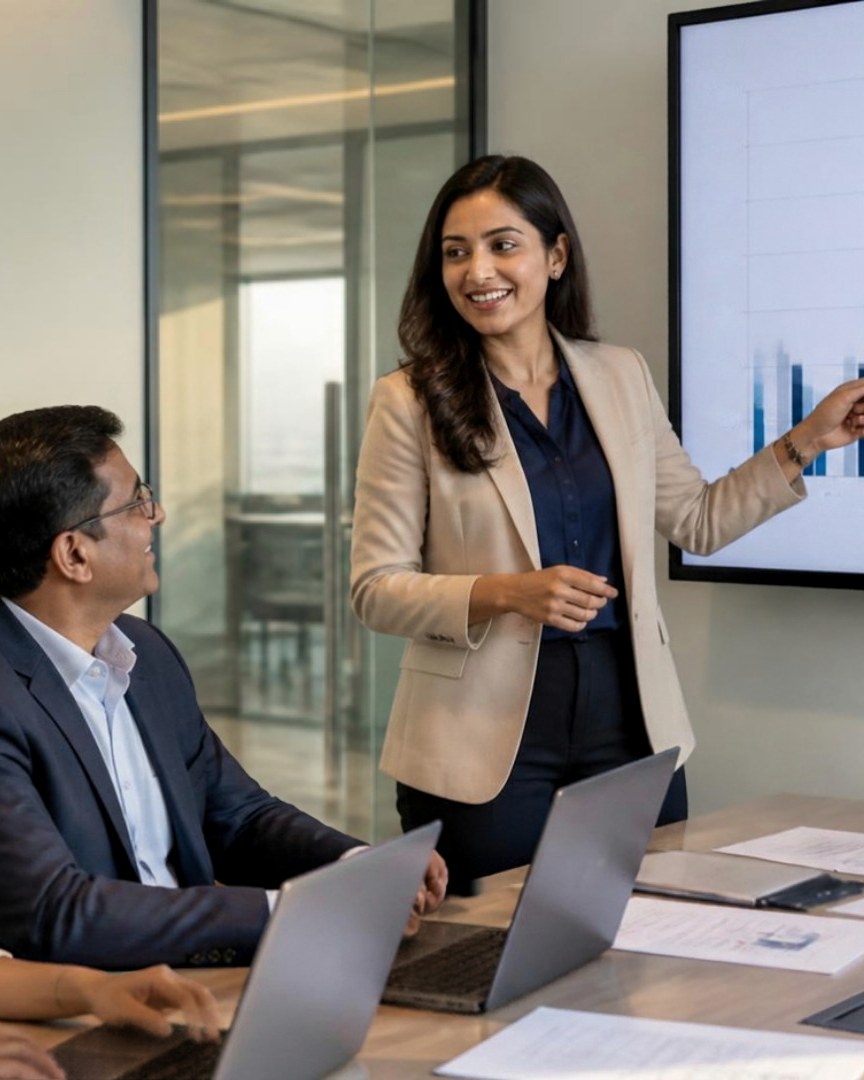 A Finac finance team reviewing the month's numbers on a wall screen in a meeting room