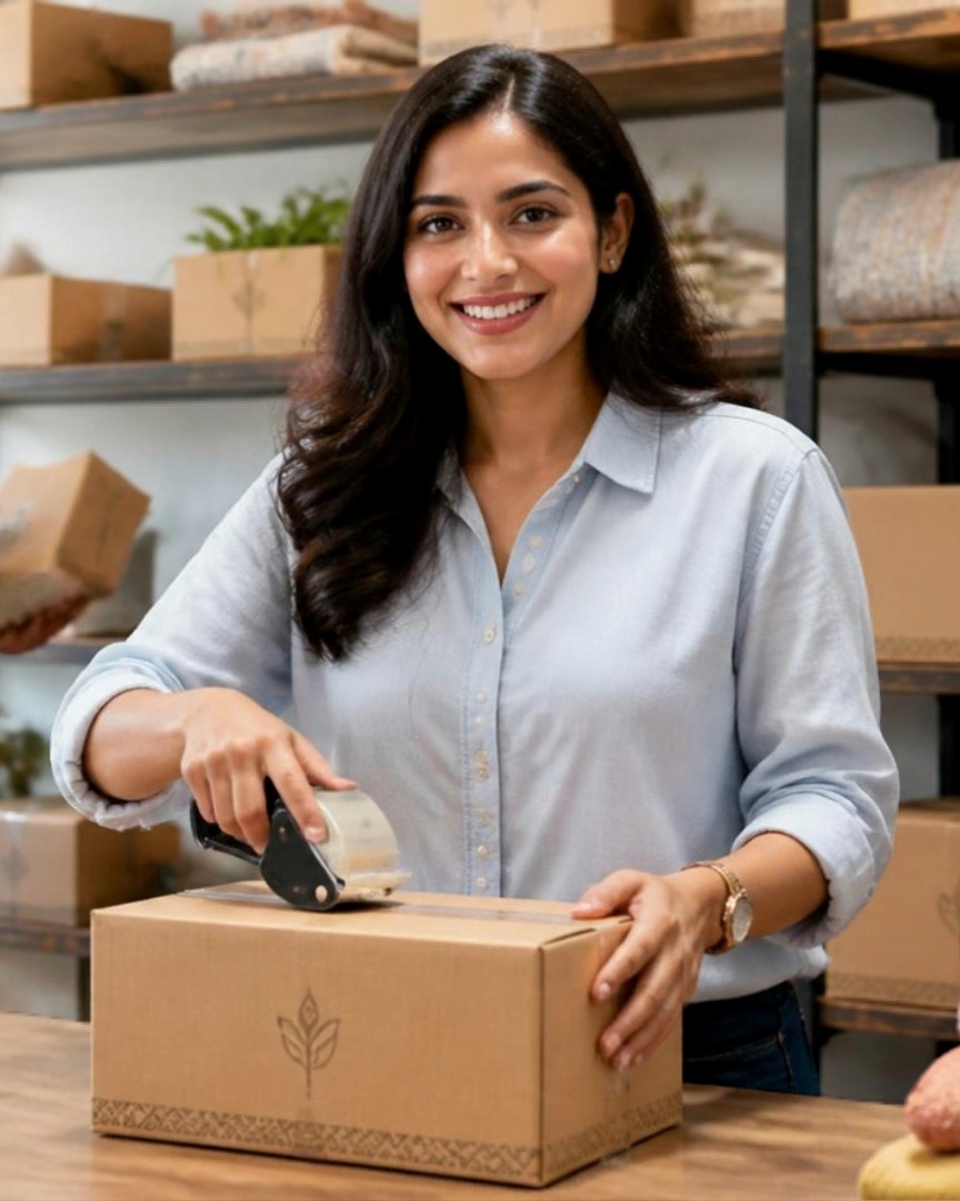 A D2C founder sealing a parcel in her packing studio with a colleague scanning stock behind her